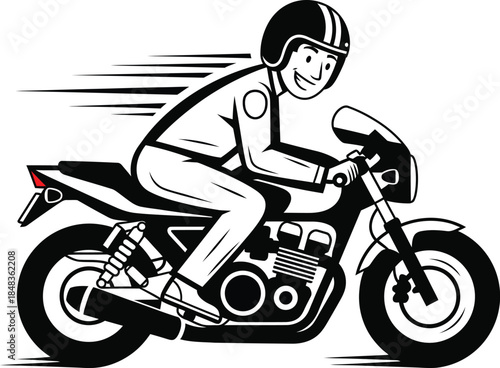Cheerful male motorcyclist in a helmet and jacket speeding on a classic motorcycle a bold black and white illustration.