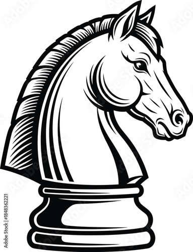 Classic chess knight horse head bust in a bold black and white line art vector illustration style.