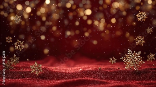 Golden glitter snowflakes on a red festive background with bokeh lights and falling snow for christmas and winter holidays
