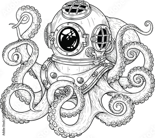 Detailed line art illustration of an octopus wearing a vintage deepsea diving helmet with curling tentacles.