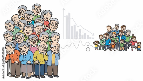 Aging population and declining birth rate concept illustration.