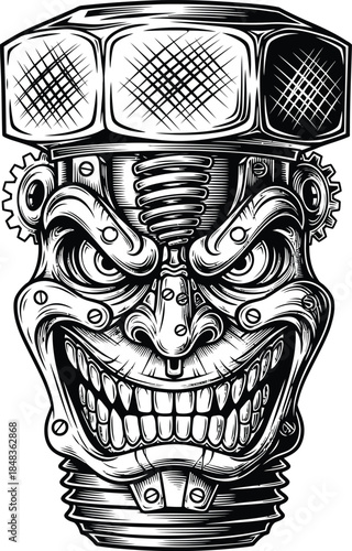 Fierce mechanical monster face with a hex nut head and screw neck Detailed black and white line art illustration.