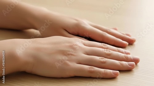 Wallpaper Mural Close Up Of Hands Resting Palms Down On A Light Wood Surface, Slowly Relaxing Torontodigital.ca