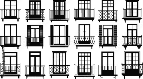 Architectural balcony window silhouettes set, classic iron railings and facades, residential building exterior elements, black vector illustration, design collection icons, minimal modern