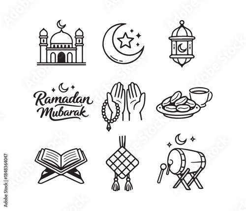 Outline vector icons representing Islamic culture and Ramadan celebration elements