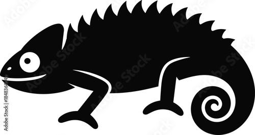 Black chameleon silhouette vector illustration, minimalist reptile icon design, exotic lizard animal symbol, wildlife logo graphic, isolated on white background