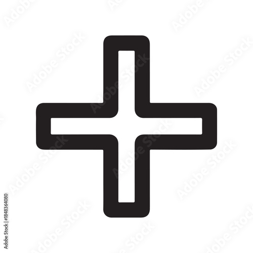 A simple, bold, black and white cross symbol, representing addition, a plus sign, or a medical symbol, suitable for various design applications