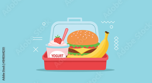 An open red lunch box packed with a healthy and tasty school meal, including a cheeseburger, yogurt, and a fresh banana for good nutrition.