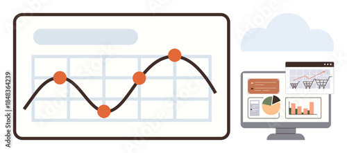 Trend line chart with key points on board, computer shows analytics dashboards and shopping data. Ideal for data analysis, business growth, statistics, online shopping, strategy, performance review