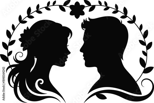 Black silhouette romantic couple profiles framed by floral wreath, love relationship concept, elegant wedding engagement vector illustration design, timeless artistic decorative artwork