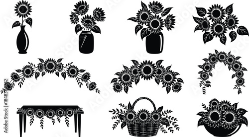 Black silhouette sunflower floral decor collection with vases, bouquets, arches, baskets and table arrangements, elegant botanical nature vector illustration set