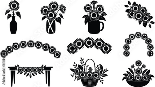 Black silhouette sunflower floral decor collection with vases, mugs, garlands, baskets and table arrangements, elegant botanical nature vector illustration set