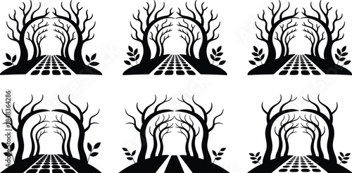 Black silhouette tree tunnel pathway variations, abstract forest road arches, mystical woodland scenery, decorative nature landscape vector illustration set