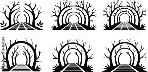 Black silhouette tree tunnel pathway collection, abstract forest road arches, mystical nature landscape scenes, decorative outdoor vector illustration set