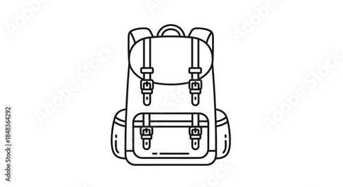 A simple black outline icon of a vintage-style hiking backpack or rucksack with buckles and straps, for travel and adventure concepts.