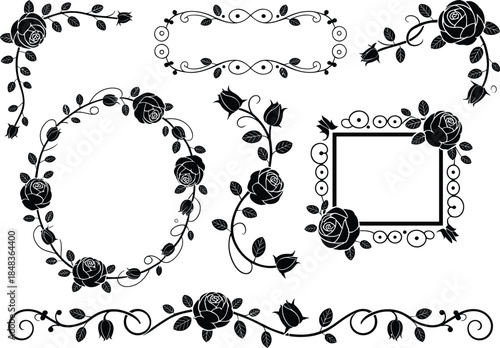 Elegant rose floral frames and wreaths collection, vintage decorative borders with leaves, romantic ornaments, black silhouette vector illustration set