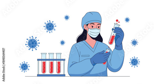A female scientist or doctor in a lab coat and mask examines blood samples in test tubes, with coronavirus cells in the background.