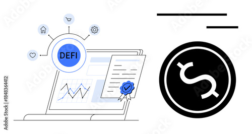 Financial technology, blockchain, DeFi platforms, digital assets, online transactions, fintech solutions. Laptop with DeFi chart and certified document, dollar symbol. DeFi platforms and blockchain