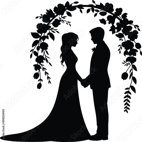 Elegant wedding couple silhouette holding hands under floral arch vector illustration, romantic bride and groom ceremony scene for love, marriage design