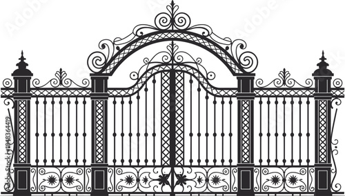 Elegant wrought iron gate with ornate arch and detailed fence panels, luxury palace entrance, classic architectural design, black silhouette vector illustration