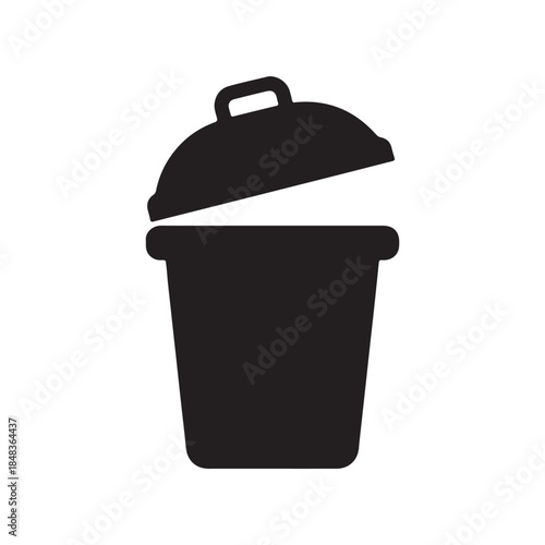 A simple black and white illustration of a trash can with its lid open, symbolizing waste management and recycling efforts