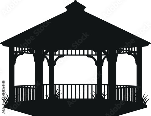 Garden gazebo pavilion silhouette vector illustration, classic wooden park shelter design with roof and railing, outdoor landscape architecture element isolated