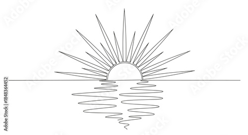 A continuous single line drawing of a sunrise or sunset over the ocean, with bright sun rays and a reflection on the water.