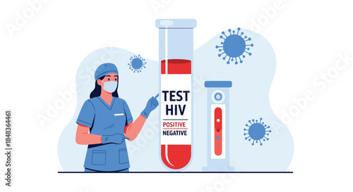 A medical professional points to a large test tube labeled for an HIV test, illustrating the process of blood testing and diagnostics.