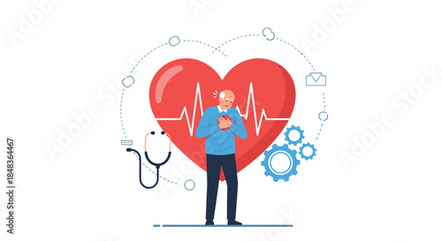 An elderly man clutches his chest from a heart attack, with a large red heart and medical icons like a stethoscope in the background.