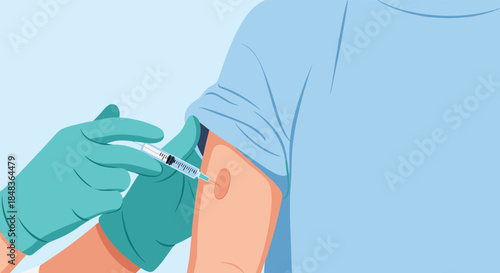 A medical professional's hand in a green glove administers a vaccine or flu shot with a syringe into a patient's upper arm.