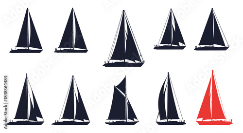 A collection of sailboat and yacht silhouettes in various designs, with one red boat standing out from the navy blue fleet.