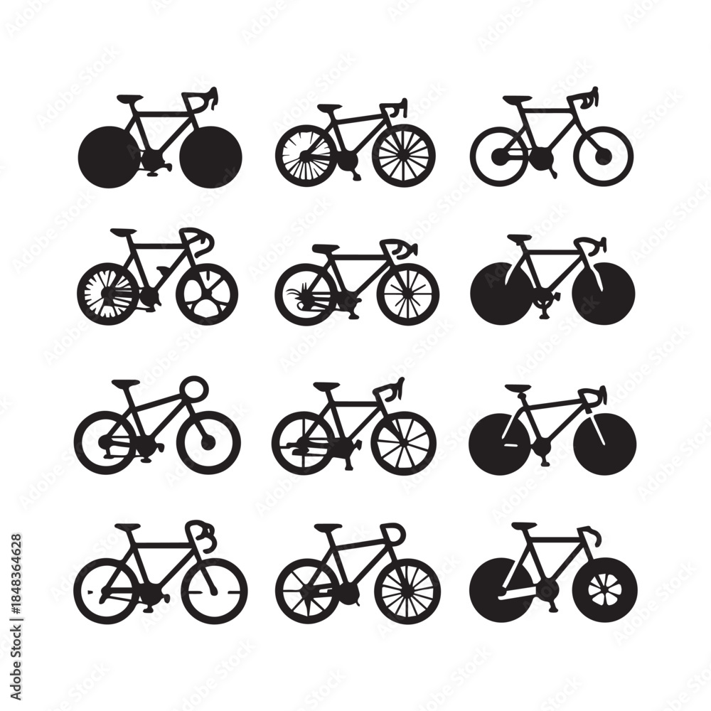 Obraz premium Bicycle Silhouette Icons – Minimal Bike Vector Set for Design
