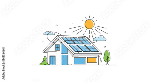 Modern house with solar panels installed on the roof to generate clean, renewable electricity from the sun's energy.