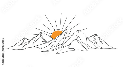 Continuous one line drawing of a mountain range with the sun rising or setting behind the peaks, creating a scenic landscape.