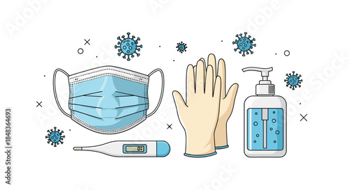 Essential items for coronavirus prevention including a face mask, latex gloves, hand sanitizer, and a digital thermometer.