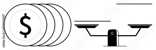 Economic stability, monetary value, financial equality, wealth management, cost analysis, budgeting. Stack of coins with dollar symbol next to a balance scale. Economic stability and monetary value
