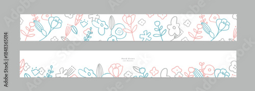 手描きの草木のバナー背景。北欧風の草木と花のシンプルテンプレート背景。Hand-drawn plant banner background. Scandinavian style plant and flower simple template background.