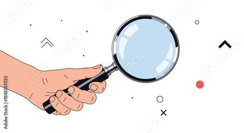 A hand holding a magnifying glass, representing the concept of search, investigation, research, analysis, and discovery.
