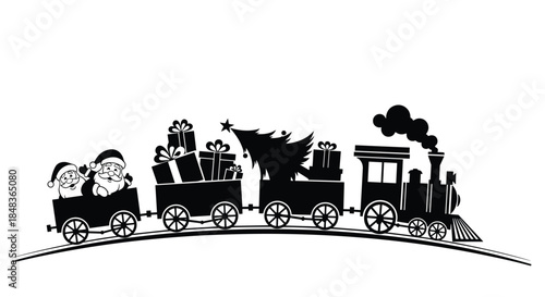 Black silhouette of a Christmas steam train carrying Santa Claus, a Christmas tree, and many gift boxes on a white background.