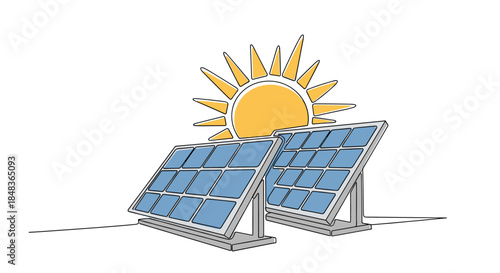 Continuous one line drawing of two solar panels absorbing energy from the sun, symbolizing green renewable electricity.