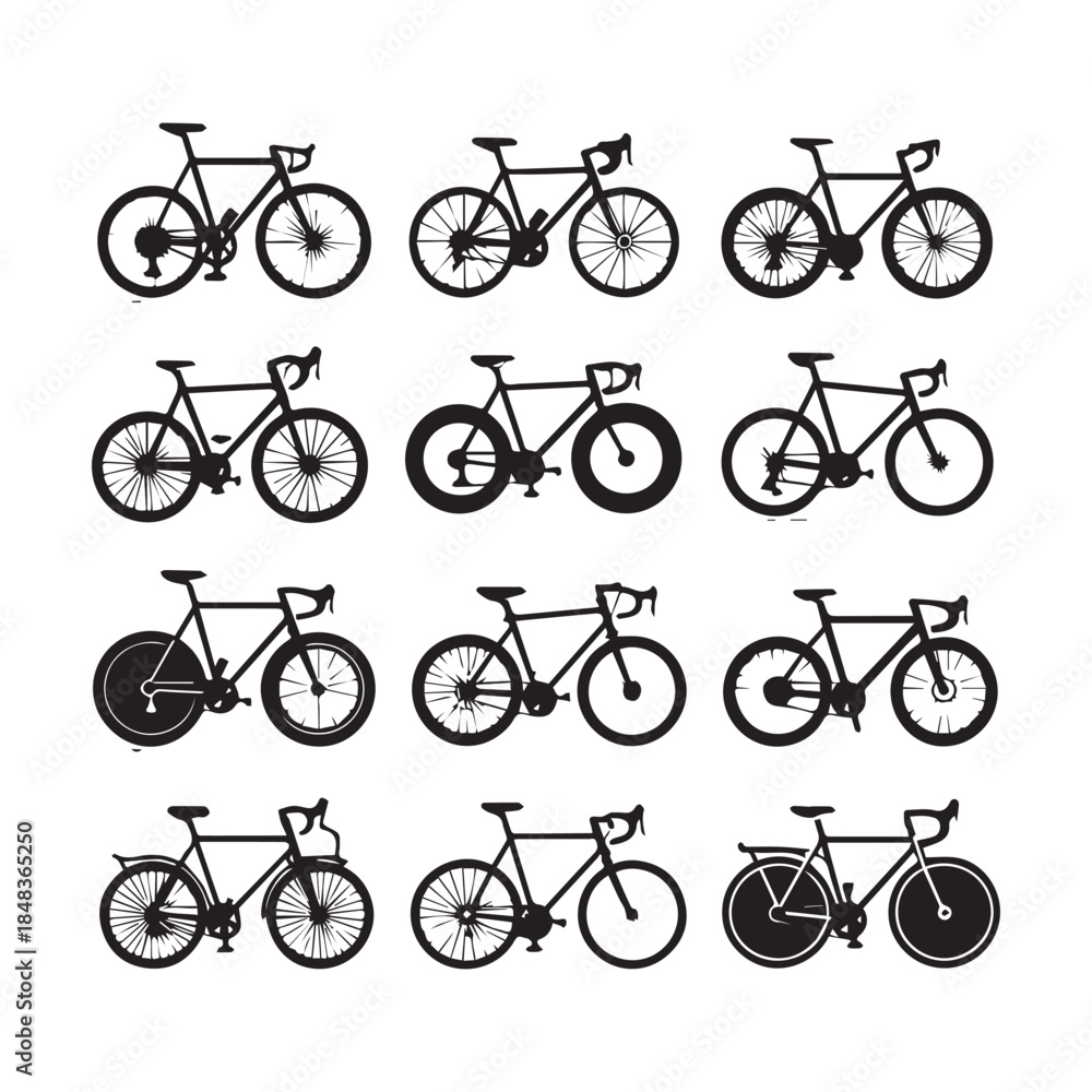 Obraz premium Bicycle Silhouette Icons – Minimal Bike Vector Set for Design