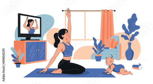 A young mother doing yoga at home with an online instructor on TV while her baby crawls nearby in the living room.