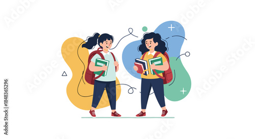 Two happy schoolgirls with backpacks and books walking and talking together, set against an abstract colorful background.