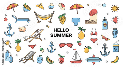 A large collection of colorful summer-themed doodle icons, including beach items, fruits, and travel symbols with 'Hello Summer' text.