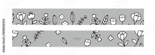 手描きの草木のバナー背景。北欧風の草木と花のシンプルテンプレート背景。Hand-drawn plant banner background. Scandinavian style plant and flower simple template background.