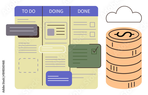 Task board with progress columns To-Do, Doing, and Done, alongside a stack of coins under a cloud. Ideal for project workflow, productivity, task organization, financial planning, team collaboration