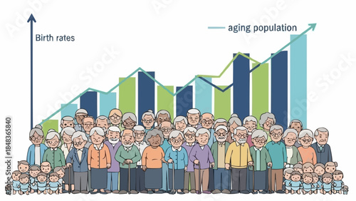 Diverse group of elderly people standing together representing an aging population.