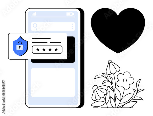 Online privacy, secure login, digital safety, technology, love symbol, nature balance. Smartphone with password input, shield icon heart and flowers. Online privacy and secure login illustrations