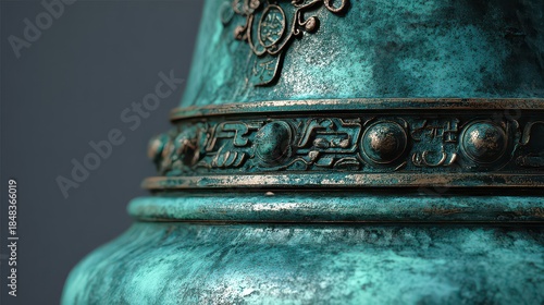 Verdigris Patina on Bronze Metal Detail with Decorative Relief and Ornamental Band Against Dark Background in Studio Lighting