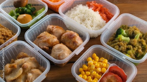 A variety of food is displayed in plastic containers on a wooden table. 